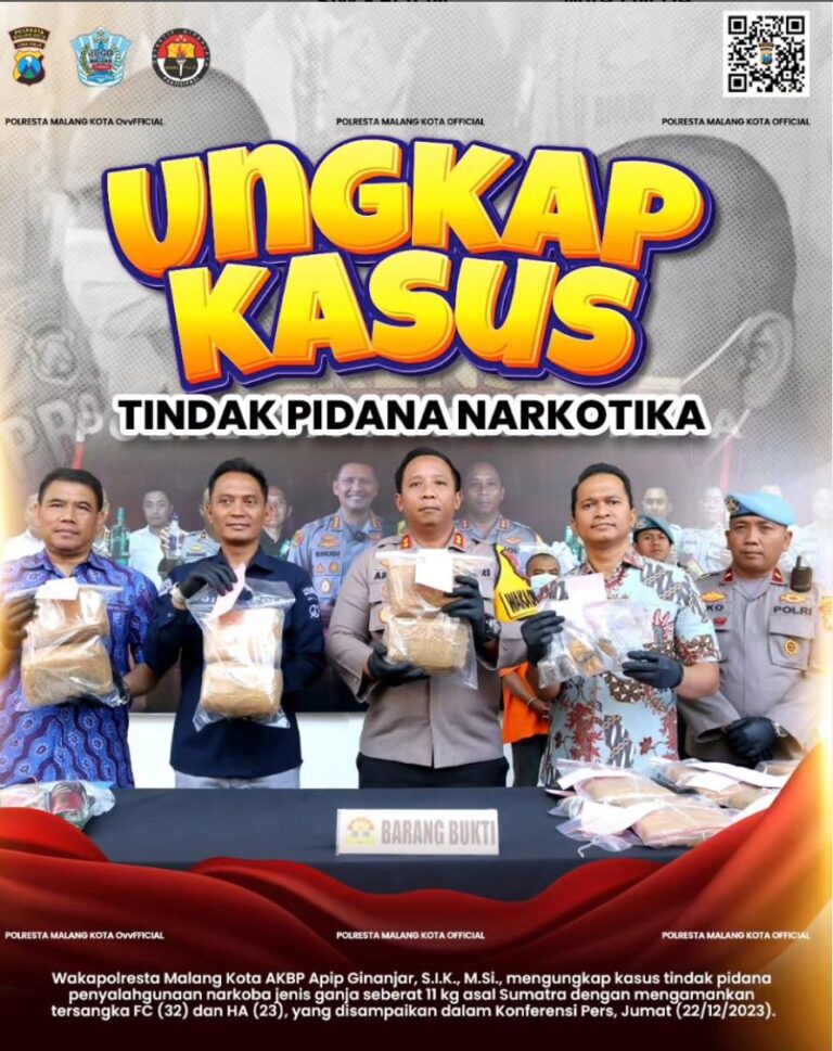 11 Kg Ganja Diamankan Polresta Malang Kota, Siap Diedarkan di Malam Tahun Baru